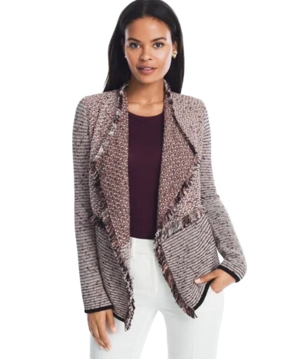 White House Black Market WHBM Double Fringe Cotton Sweater Jacket